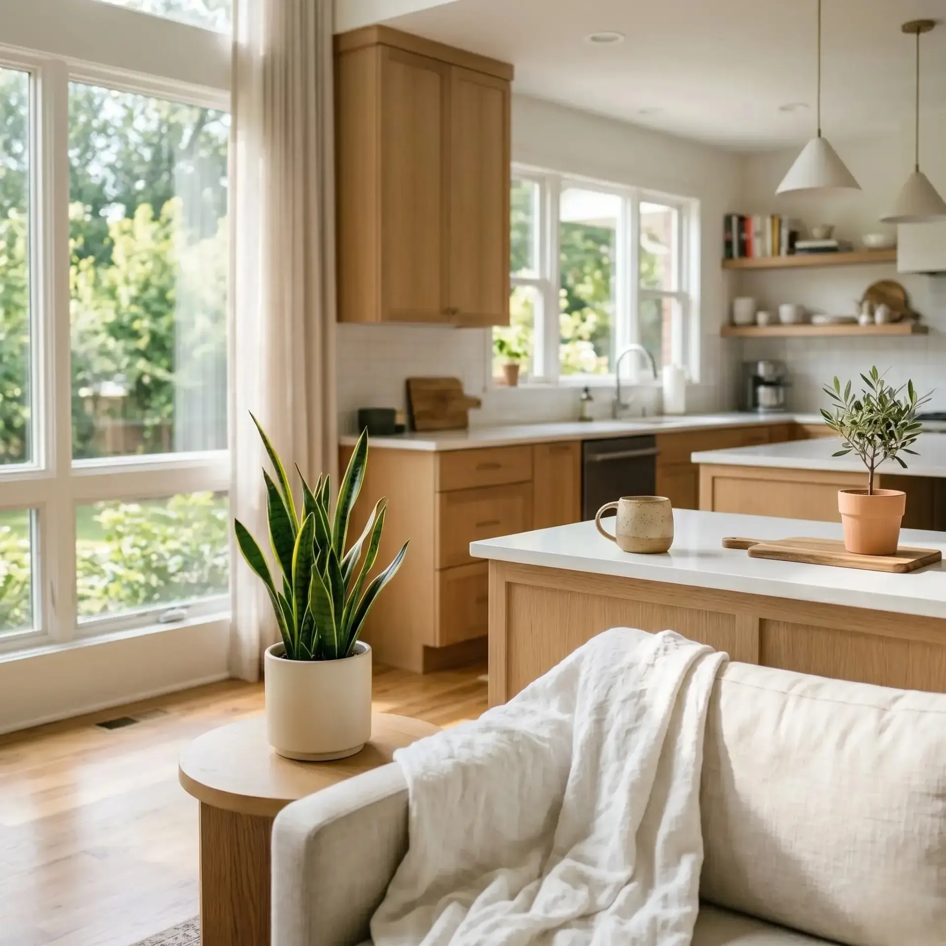 Bright, clean Metro Atlanta kitchen and living area with natural light